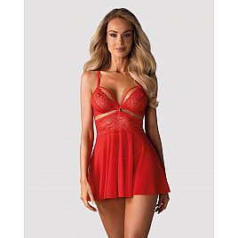 Бебі-дол Obsessive 838-BAB-3 babydoll & thong, 2XL/3XL, червоний, мереживний ліф, стрінги в комплекті