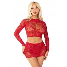 Блискучий комплект кроп-топ і спідниця Leg Avenue Rhinestone One Size, Red, довгий рукав