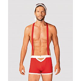 Чоловічий еротичний костюм Санта-Клауса Obsessive Mr Claus 2XL/3XL, боксери на підтяжках, шапочка з 