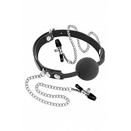 Кляп із силіконовою кулькою та затискачами для сосків Fetish Tentation Gag Ball with Nipple Clamps
