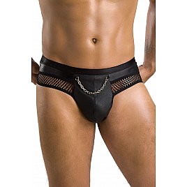 Чоловічі труси з ланцюжком Passion 030 Slip Tom L/XL Black, екошкіра, відкриті сідниці