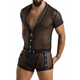 Комплект сітчастої чоловічої білизни Passion 052 Set Michael L/XL Black, сорочка, боксери, заклепки